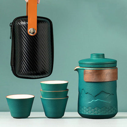 Portable Ceramic Teapot Set with 4 Cups and Travel Case for Gongfu Brewing Office Camping Outdoor Tea Ceremony Black 12 fl oz Pot