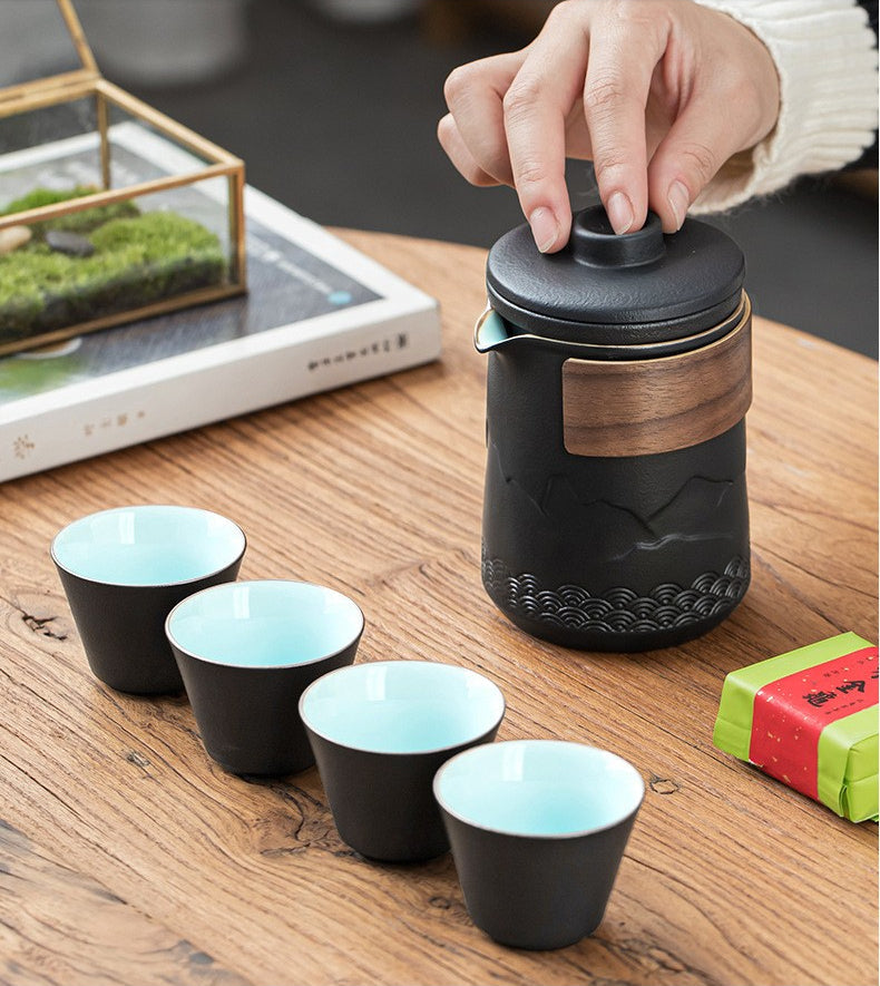 Portable Ceramic Teapot Set with 4 Cups and Travel Case for Gongfu Brewing Office Camping Outdoor Tea Ceremony Black 12 fl oz Pot