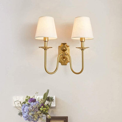 Fabric Sconce with Two Arms for Bedroom & Living Room – Brass Finish, Soft White Shades, E12/E14 Socket, Hardwired, 110-120V, Covers 54-108
