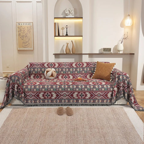 Ortekor Zarela | Housse de canapé bohème en chenille avec motif jacquard et bords à pompons | Protection élégante pour la décoration intérieure