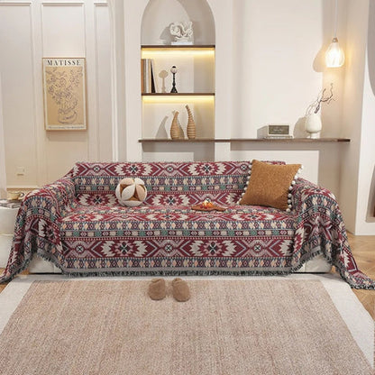 Ortekor Zarela | Housse de canapé bohème en chenille avec motif jacquard et bords à pompons | Protection élégante pour la décoration intérieure