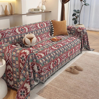 Zarela Sofa Cover - Boho Jacquard Microfiber with Tassel Edges