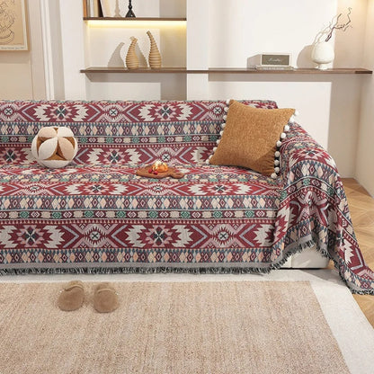 Zarela Sofa Cover - Boho Jacquard Microfiber with Tassel Edges