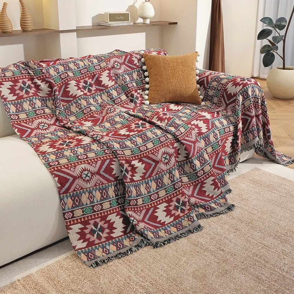 Ortekor Zarela | Housse de canapé bohème en chenille avec motif jacquard et bords à pompons | Protection élégante pour la décoration intérieure