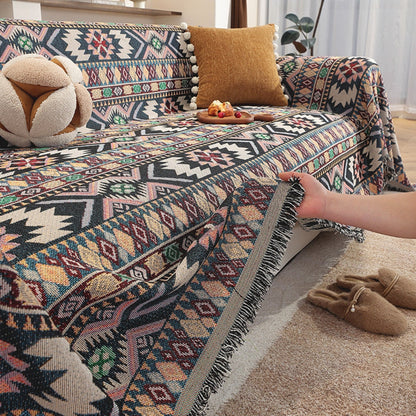 Ortekor Zarela | Housse de canapé bohème en chenille avec motif jacquard et bords à pompons | Protection élégante pour la décoration intérieure