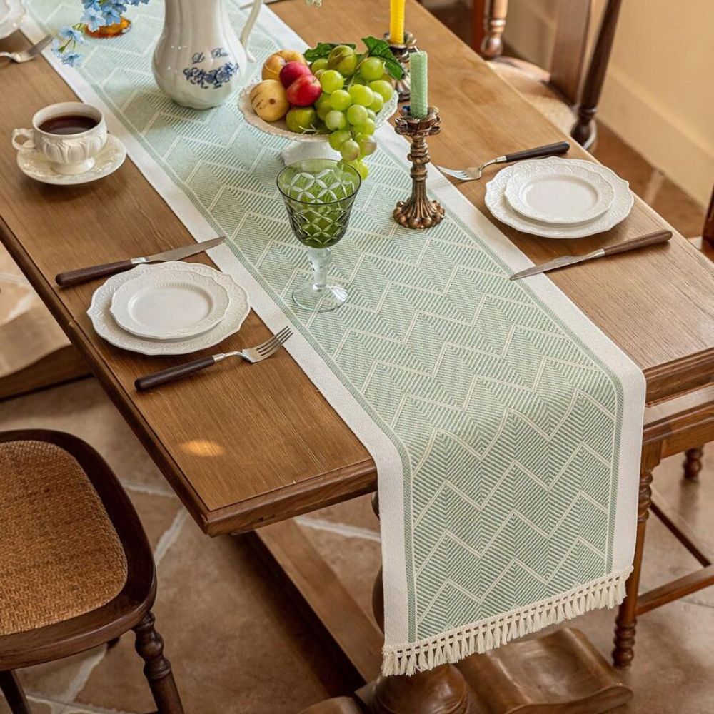 Fringed Woven Runner for Dining Tables – Zigzag Textured Microfiber Protection with Sandstone Tones – Coffee Table Accent for Modern and Min