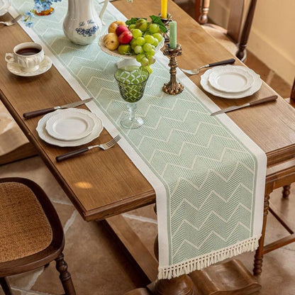 Fringed Woven Runner for Dining Tables – Zigzag Textured Microfiber Protection with Sandstone Tones – Coffee Table Accent for Modern and Min