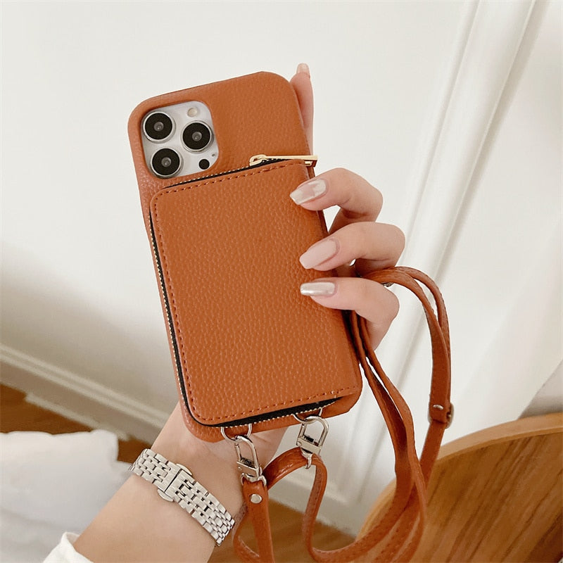iPhone Wallet Case with Detachable Crossbody Strap & Card Holder – Hands-Free Phone Pouch for Women & Men – Vegan Leather Cover with