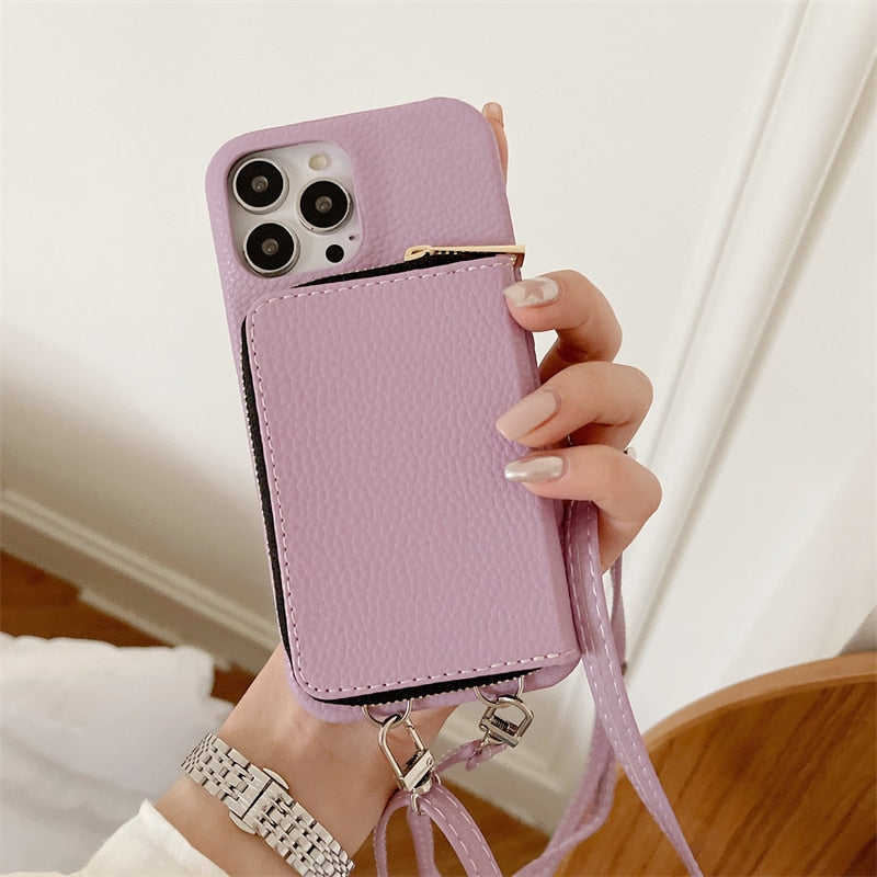 iPhone Wallet Case with Detachable Crossbody Strap & Card Holder – Hands-Free Phone Pouch for Women & Men – Vegan Leather Cover with