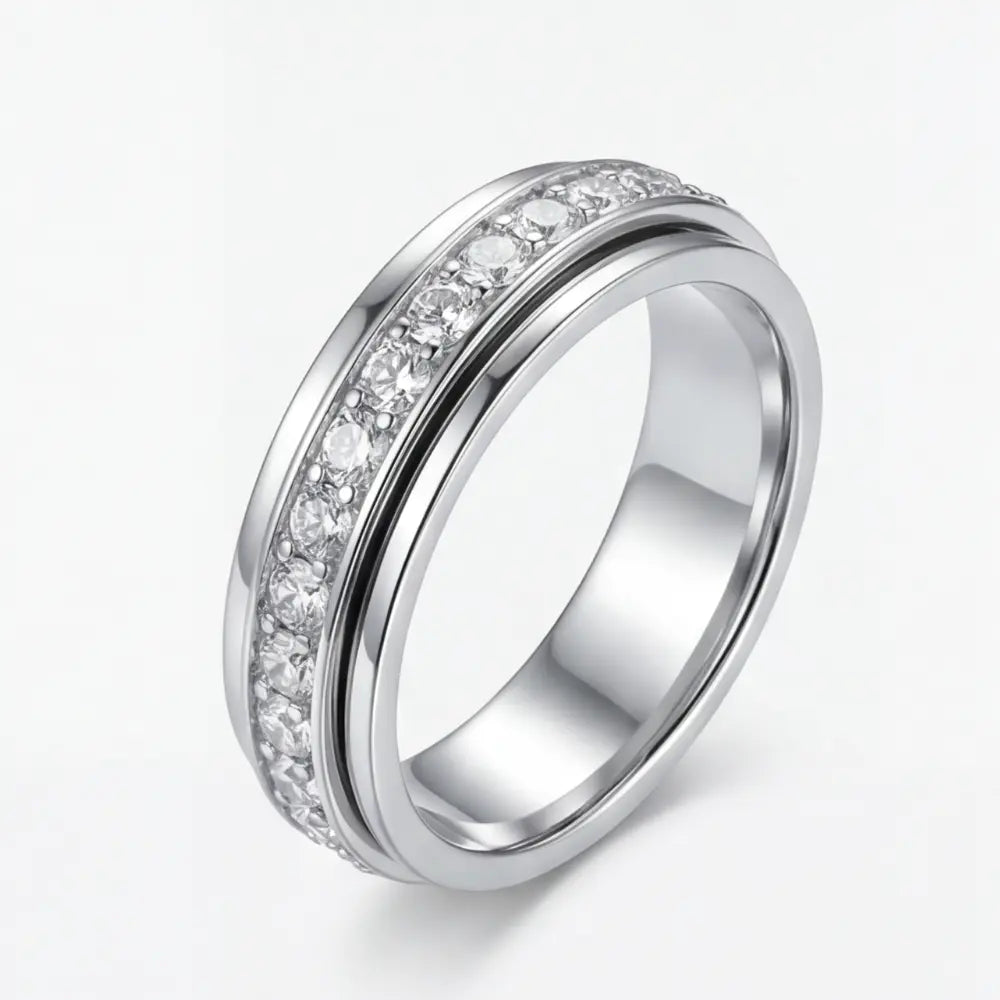 Spinner Ring with Cubic Zirconia Stones – Titanium Steel Anti-Anxiety Fidget Band for Women & Men in Silver, Rose Gold, or Gold