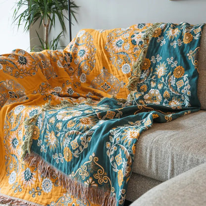 Reversible Cotton Throw Blanket with Tassels – Bohemian Floral Design for Couch, Sofa, or Bed – Warm & Decorative Home Accent