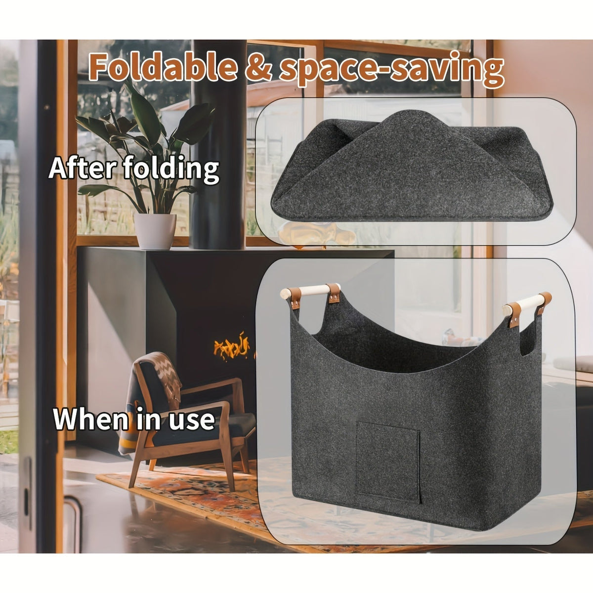 Collapsible Firewood Basket with Wooden Handles – 14.5 Gallon Felt Log Carrier for Living Room & Fireplace – Dark Gray Storage Bin