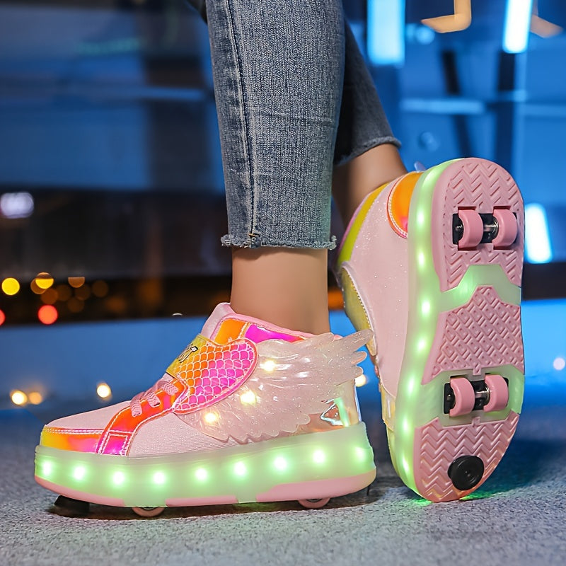 LED Light-Up Roller Skate Sneakers with Wings USB Rechargeable for Girls Kids Teens Boys Outdoor Sports Shoes Wheeled Footwear