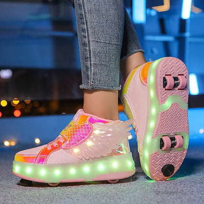 LED Light-Up Roller Skate Sneakers with Wings USB Rechargeable for Girls Kids Teens Boys Outdoor Sports Shoes Wheeled Footwear