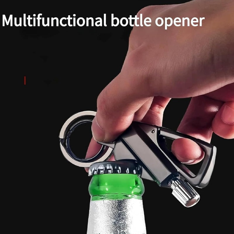 Porte-clés briquet rechargeable avec décapsuleur, alliage de zinc, 8,9 cm, étanche et coupe-vent, outil EDC pour camping et randonnée, noir, argent, doré
