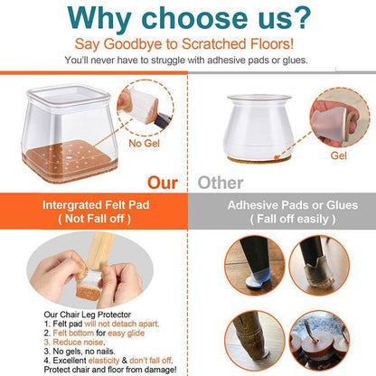 Clear Silicone Chair Leg Caps with Integrated Felt Pads for Smooth Sliding