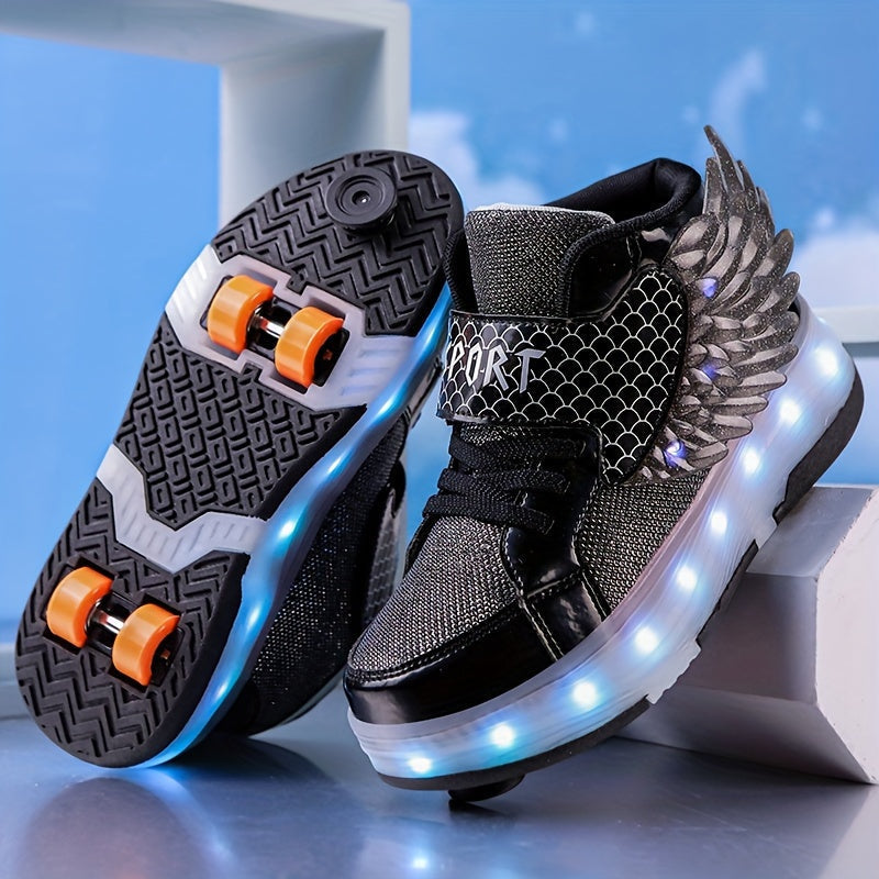 LED Light-Up Roller Skate Sneakers with Wings USB Rechargeable for Girls Kids Teens Boys Outdoor Sports Shoes Wheeled Footwear
