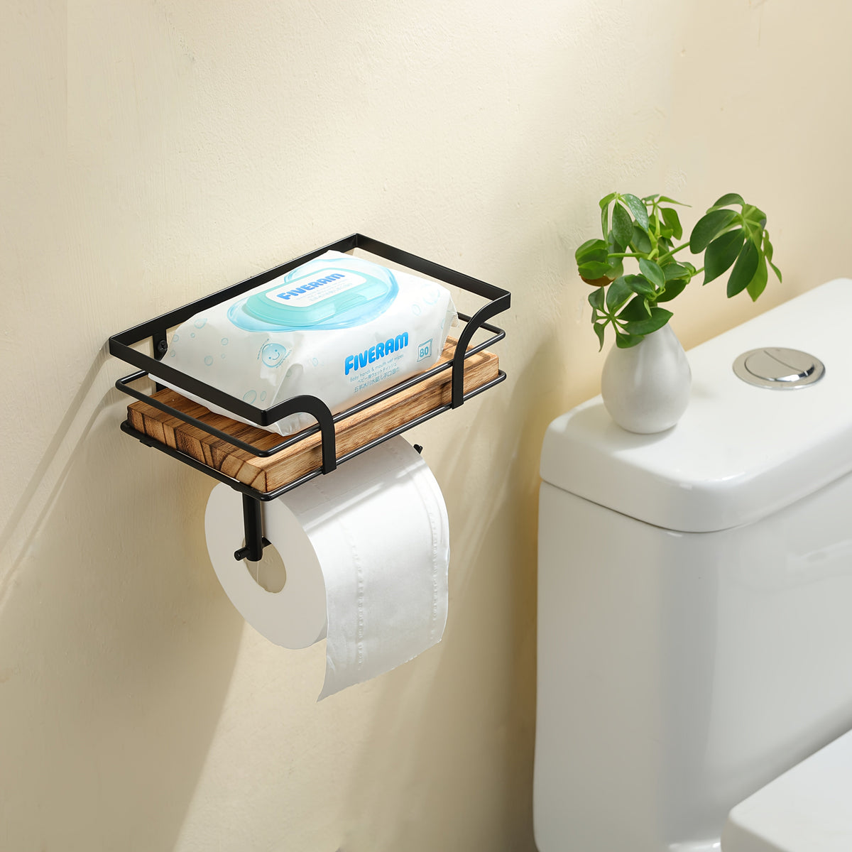 Metal & Wood Bathroom Tissue Dispenser Shelf 7.9 Inches Wall Mount Organizer Powder Room Storage Rack Home Essentials Holder for Small Space