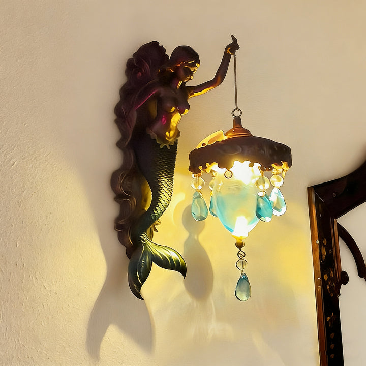 Sculptural Mermaid Sconce with Hanging Crystal Drops and Glass Shade for Bedrooms, Living Rooms & Hallways