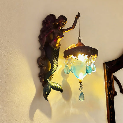 Sculptural Mermaid Sconce with Hanging Crystal Drops and Glass Shade for Bedrooms, Living Rooms & Hallways