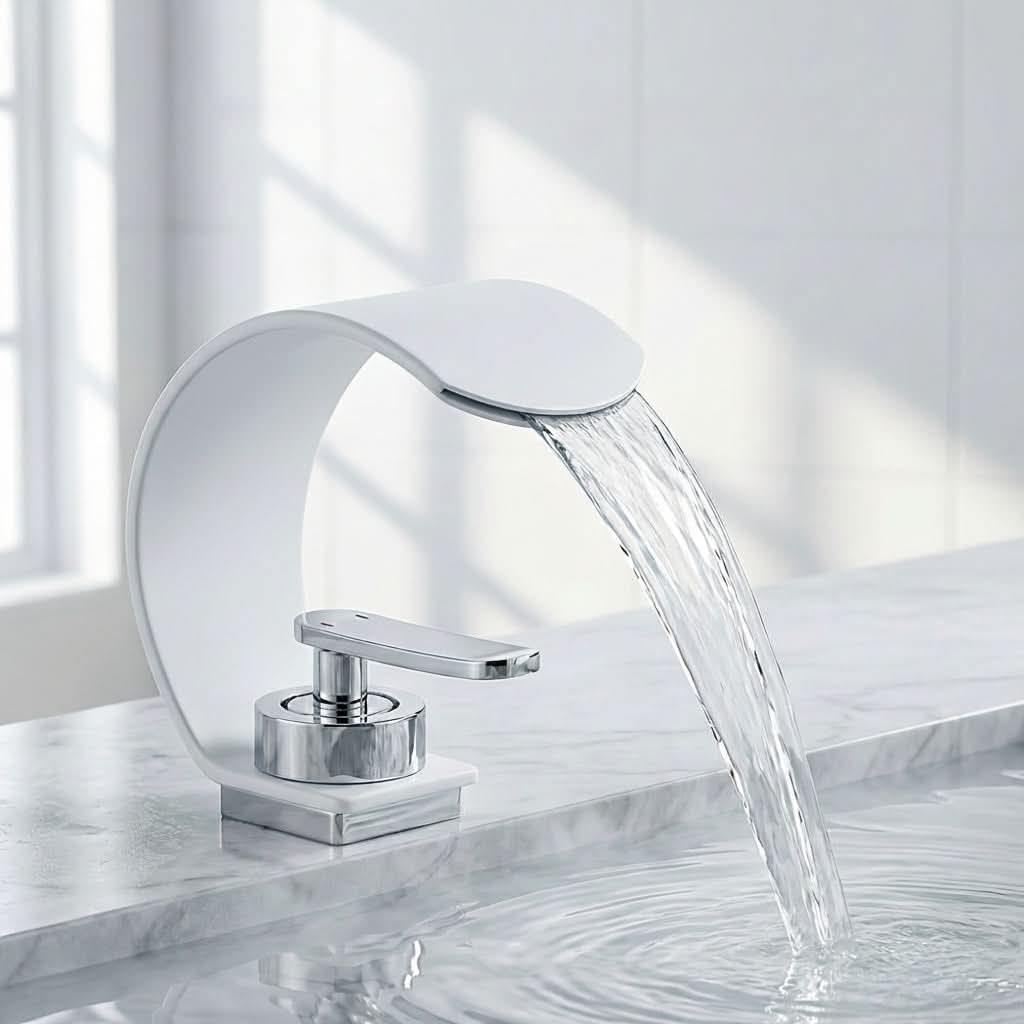 Curved Waterfall Bathroom Sink Faucet with Mirror Finish – Single Handle Hot & Cold Mixer Tap for Modern Vanity & Basin – Polished