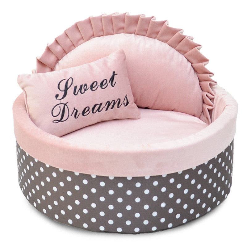 Lit pour chien, lit pour chat avec rembourrage en éponge douce et housse à pois, panier rond pour petits chiens et chats