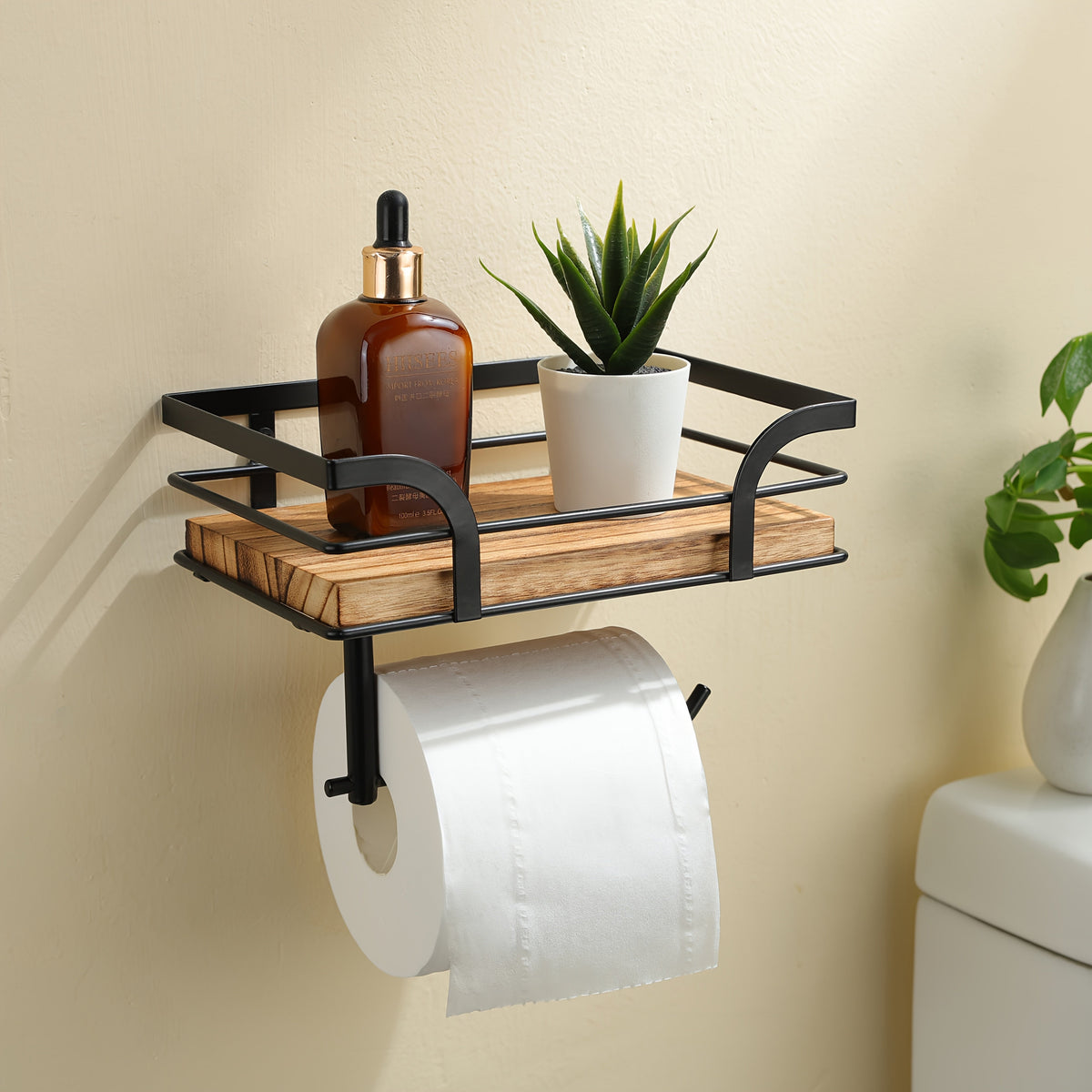 Metal & Wood Bathroom Tissue Dispenser Shelf 7.9 Inches Wall Mount Organizer Powder Room Storage Rack Home Essentials Holder for Small Space