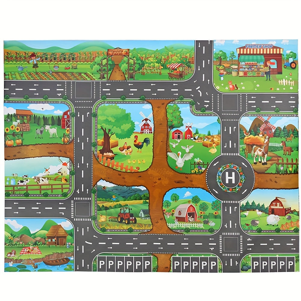Kids Play Mat with Farm & Road Design for Toy Cars & Animals - Educational Activity Rug for Toddlers & Preschoolers
