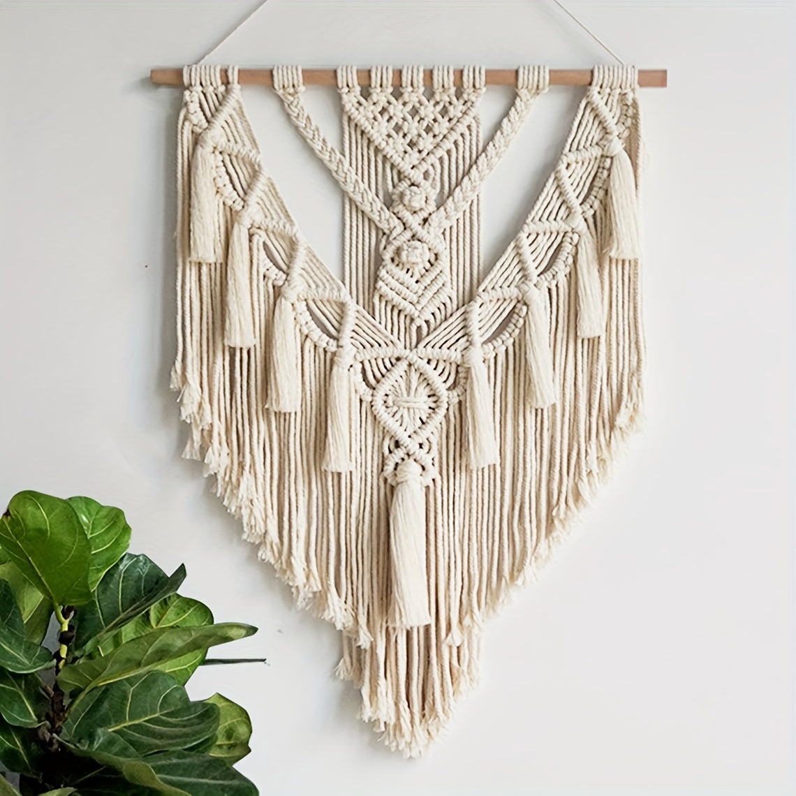 Woven Fiber Wall Art with Geometric Knotwork and Fringe for Living Room & Bedroom Decor