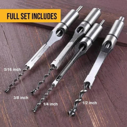 Mortising Drill Bit Set 4-Piece Square Hole Cutter Kit 1/4 to 1/2 Inch Sizes for Woodworking DIY Carpentry Projects Joinery Furniture Making