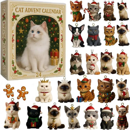 Holiday Countdown Calendar with 24 Festive Feline Ornaments – Acrylic Cat Figurines for Christmas Decoration, Tree Hanging Decor, Mantel