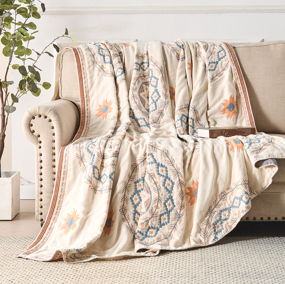 Cotton Throw Blanket with Mandala Pattern – Boho Geometric Design for Couch, Bed, Sofa – Lightweight Woven Coverlet for Living Room or