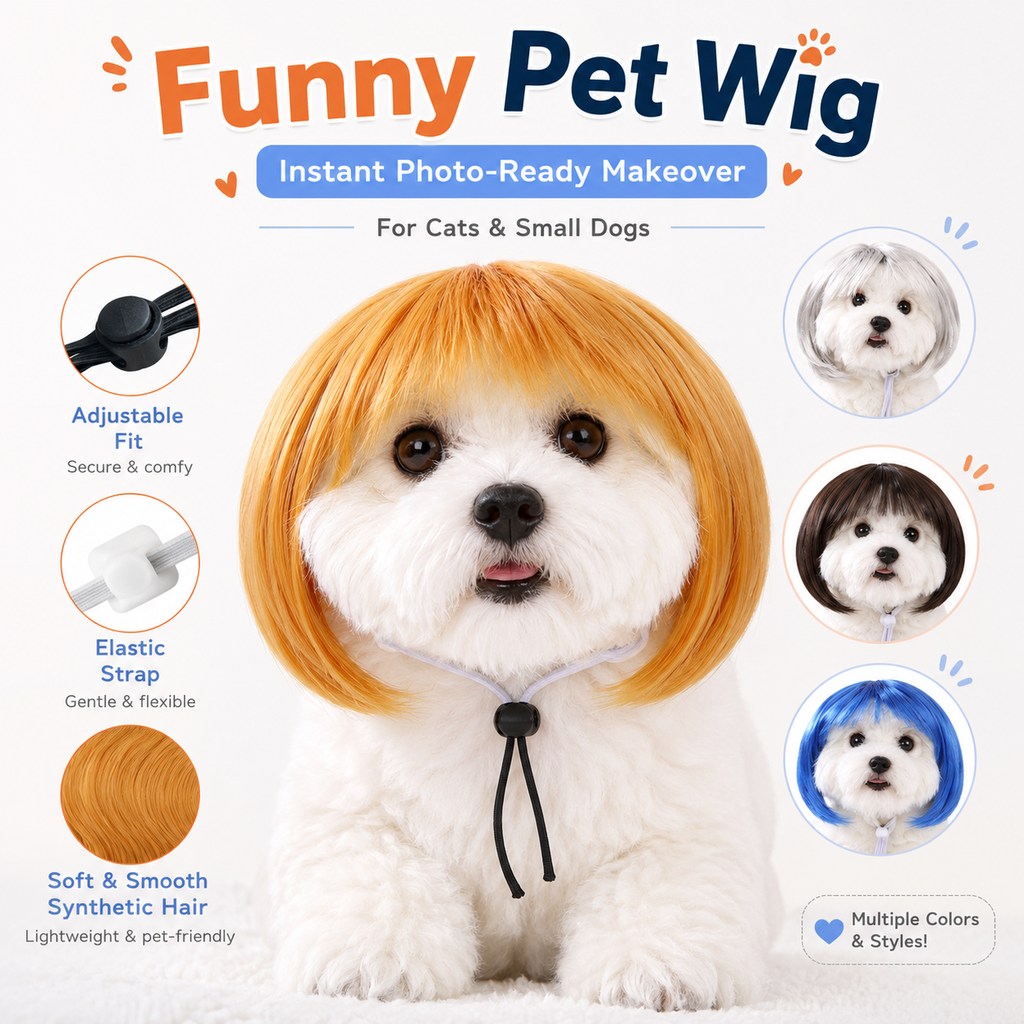 Ortekor Funny Short Bob Pet Wig for Photos & Parties - Easy Costume Prop for Cats & Small Dogs