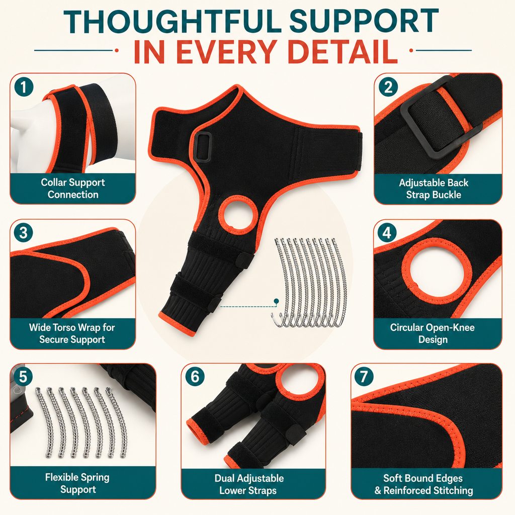 Ortekor Adjustable Dog Knee Brace with Collar Support Strap - Helps Reduce Slipping on Daily Walks