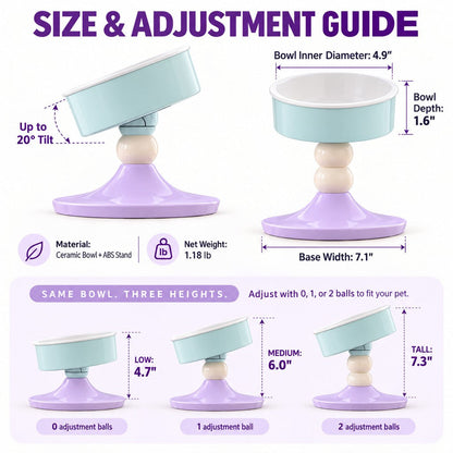 Ortekor 3-Level Adjustable Elevated Ceramic Pet Bowl for Cats & Small Dogs - Custom Height & Up to 20° Tilt for Comfortable Everyday Feeding
