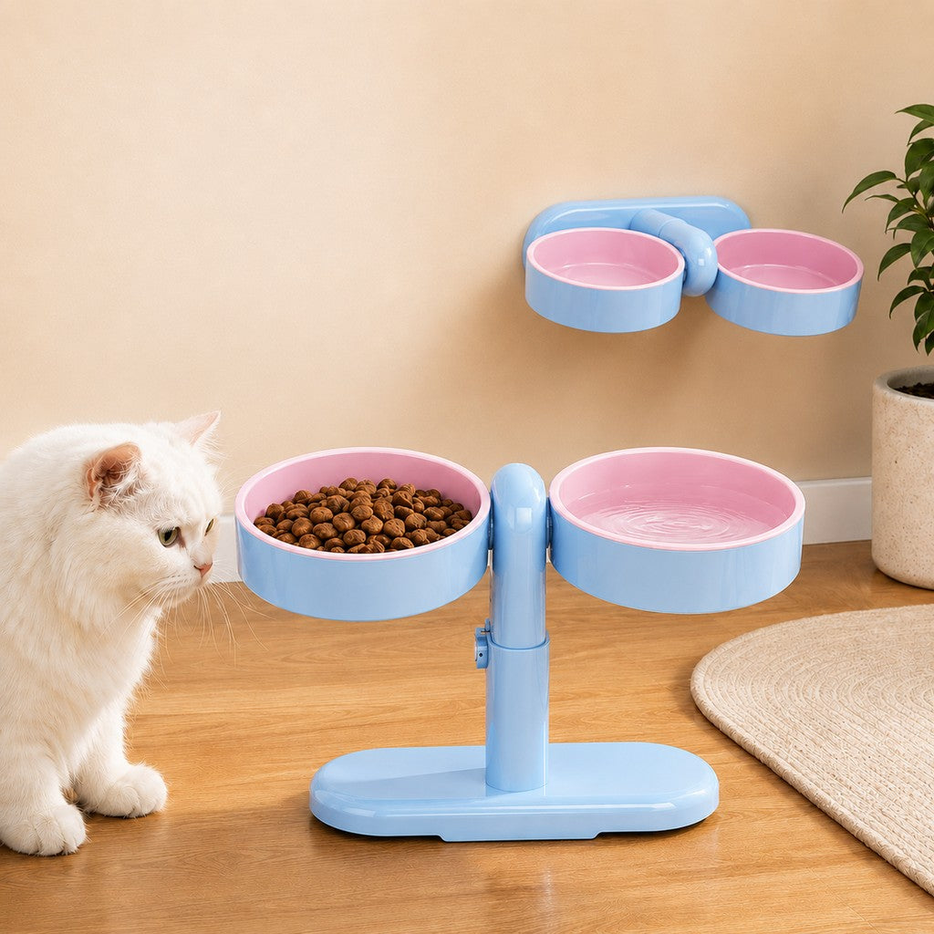 Ortekor Adjustable Elevated Pet Bowl for Cats & Small Dogs - Space-Saving Wall-Mount or Freestanding Feeder for Cleaner Mealtimes