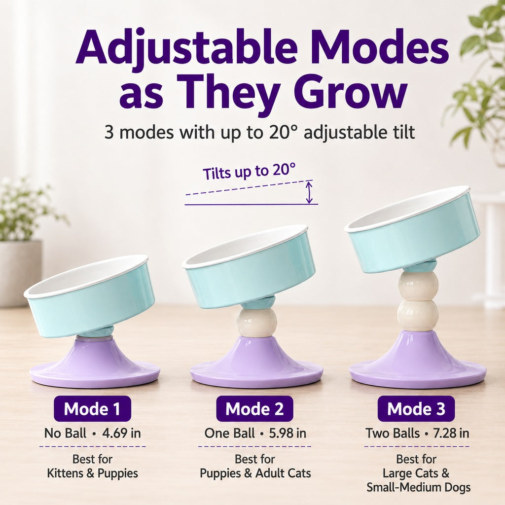 Ortekor Adjustable Elevated Pet Bowl for Cats & Small Dogs - 3 Height Modes for Comfortable Feeding