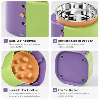 Ortekor 3-Level Adjustable Elevated Slow Feeder Bowl for Cats & Small Dogs - Stainless Steel Mealtime Bowl for Fast Eaters