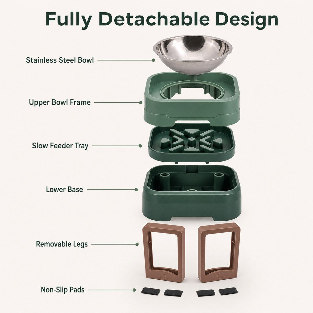 Ortekor Adjustable Elevated Slow Feeder Pet Bowl for Cats & Small Dogs - Less Mess, Slower Meals & Easy Cleaning