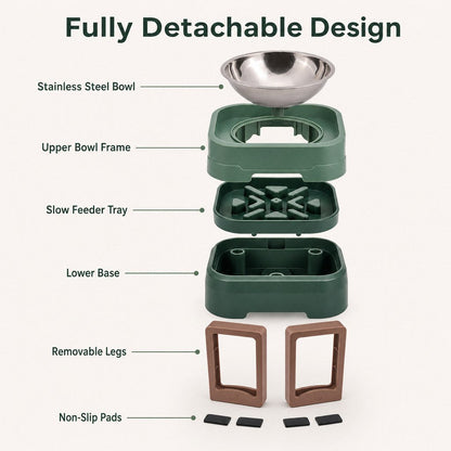 Ortekor Adjustable Elevated Slow Feeder Pet Bowl for Cats & Small Dogs - Less Mess, Slower Meals & Easy Cleaning