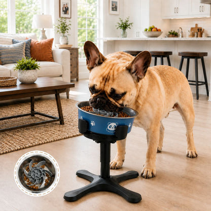 Ortekor French Bulldog Adjustable Elevated Tilted Dog Bowl for Kitchen Feeding Corners - 3-Height Stand with Slow Feeder Insert to Reduce Neck Bending & Mess