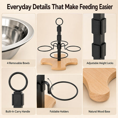 Ortekor 4-Bowl Adjustable Elevated Pet Feeder for Cats & Small Dogs - Organized Food and Water Station