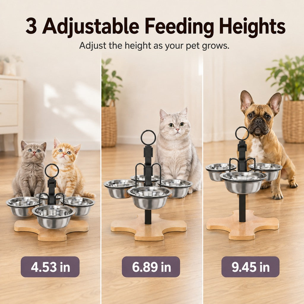 Ortekor 4-Bowl Adjustable Elevated Pet Feeder for Cats & Small Dogs - Organized Food and Water Station