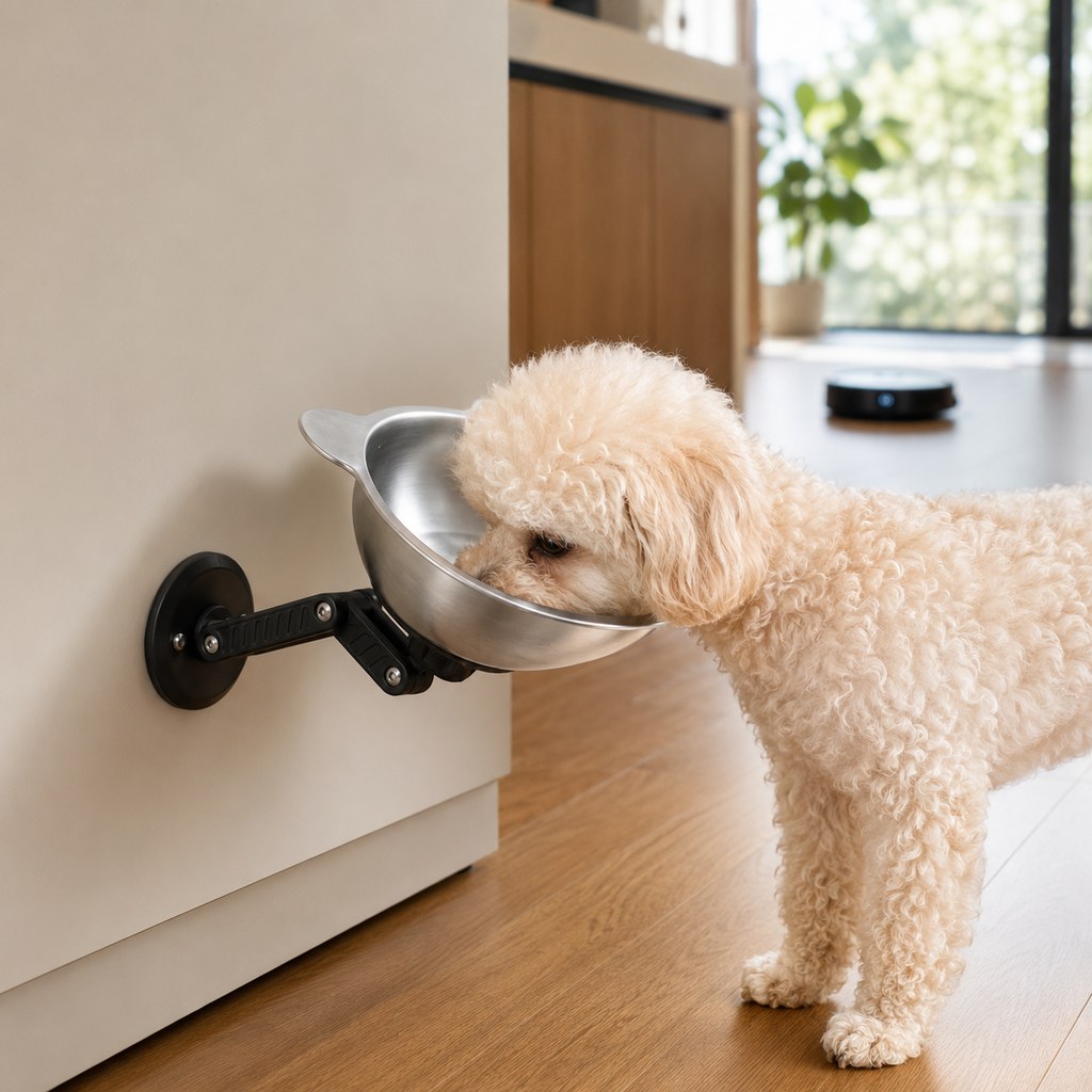 Ortekor Adjustable Wall-Mounted Pet Bowl for Cats & Small Dogs - Space-Saving Magnetic Stainless Steel Bowl