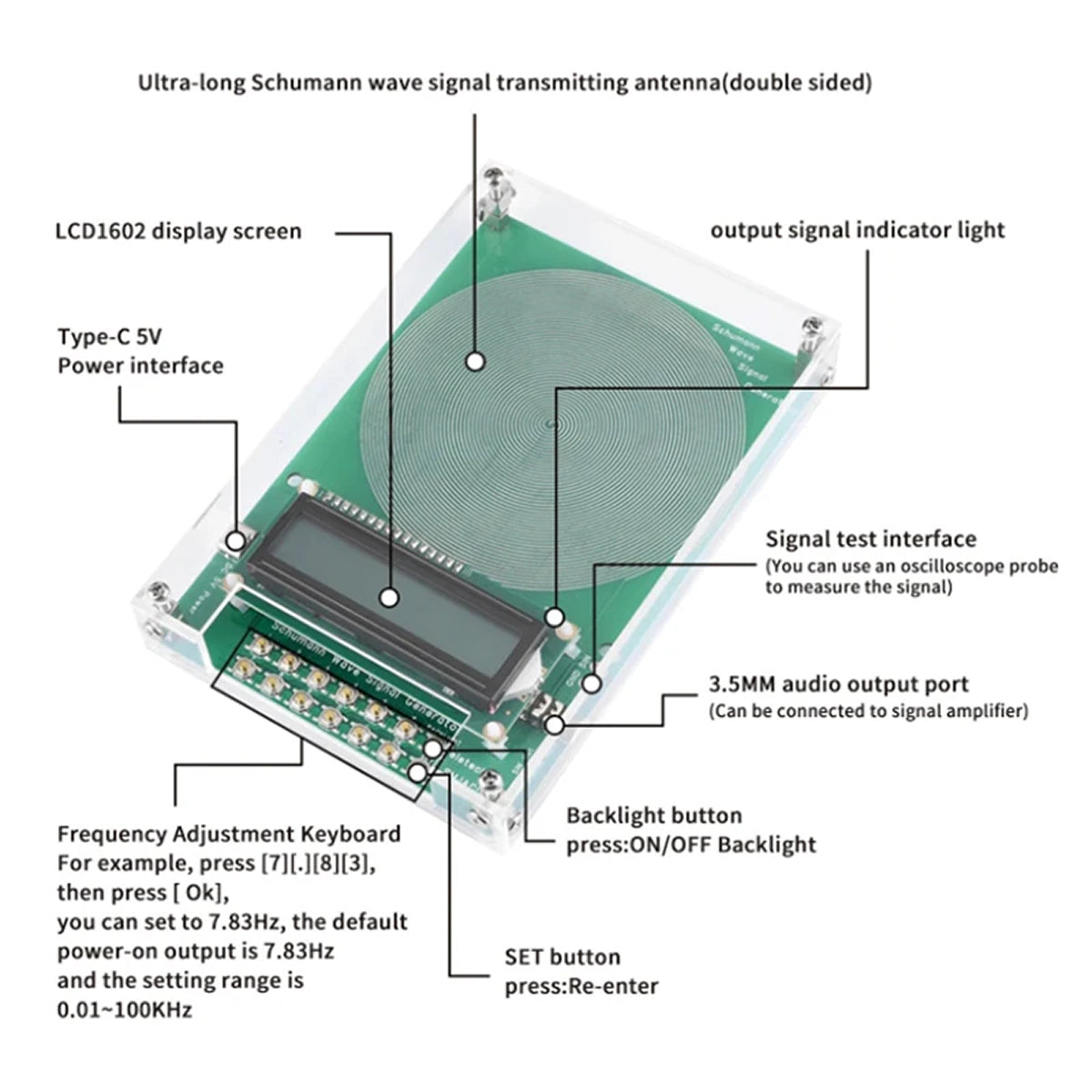 Ultra-Low Frequency Sine Wave Signal Generator with 7.83Hz Earth Resonance Preset & 0.01-100,000Hz Range