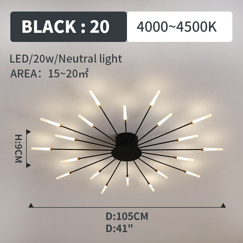 Starburst Flush Mount Ceiling Light Black Gold Modern Firework LED Fixture Bedroom Living Room Natural White Hardwired Indoor