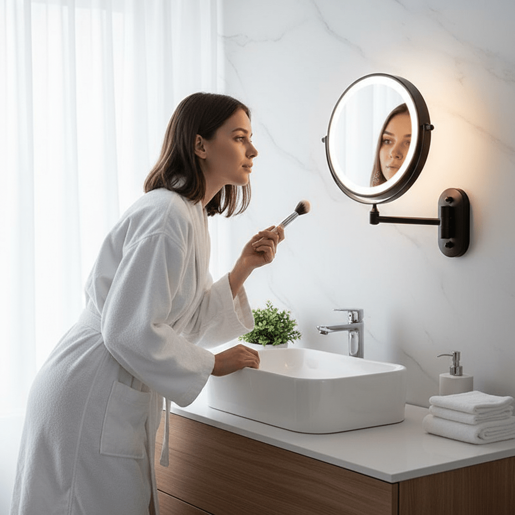 Illuminated Magnifying Vanity Mirror 8-Inch Round Wall-Mount Rechargeable USB Touch-Dimming Cosmetic Grooming Mirror for Bathroom Makeup Ski