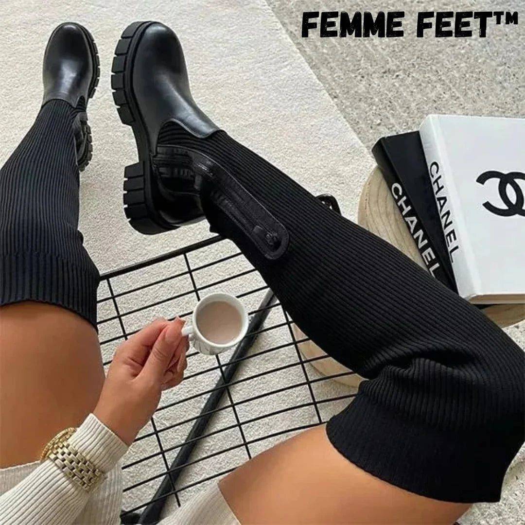 Thigh-High Boots Stretch Knit Wide-Calf Friendly Chunky Heel