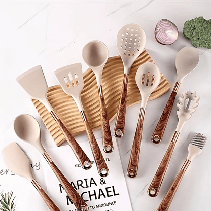 Cooking Utensil Set 10-Piece Heat Resistant Silicone Tools Non-Stick Safe Ergonomic Wood Grain Handles for Baking Serving Everyday Kitchen U