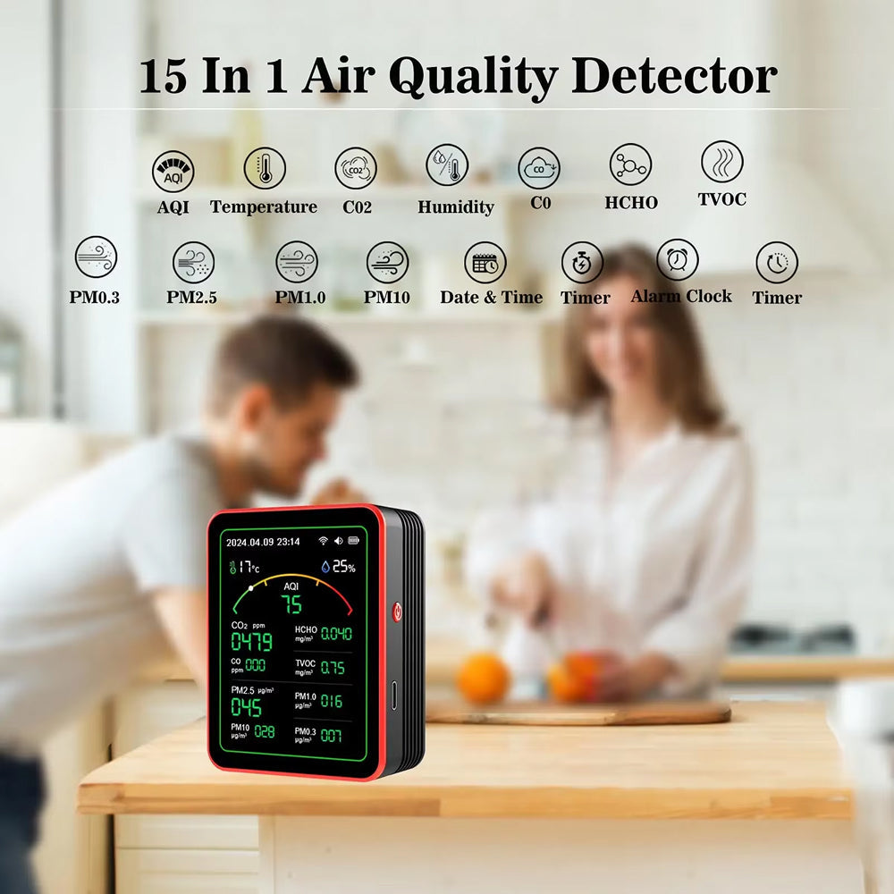 Moniteur de qualité de l'air intérieur 15-en-1 avec WiFi – Détecteur de CO2, COV, formaldéhyde et PM2,5 en temps réel pour la maison, le bureau et l'automatisation intelligente